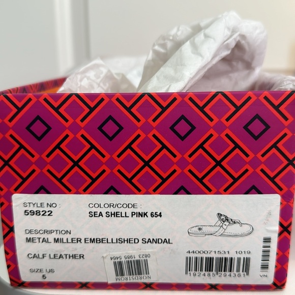 NWT Tory Burch miller sandals seashell pink rhinestone encrusted logo. Size 5